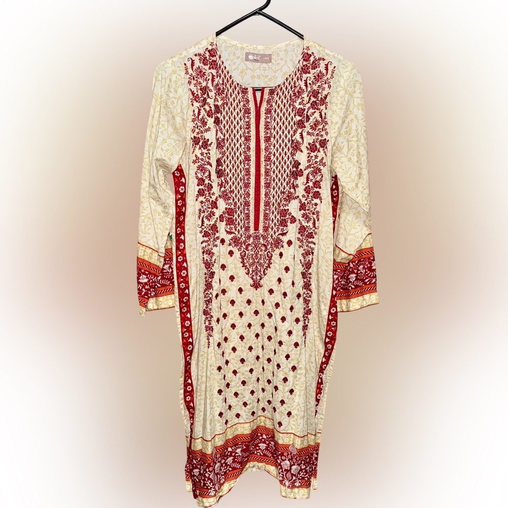 Oaks women's Elegant Red and Cream Kurta Long Sleeve Dress